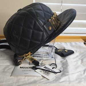 Moschino Quilted Black Leather Baseball Cap Bag with Gold Hardware | Dust Bag
